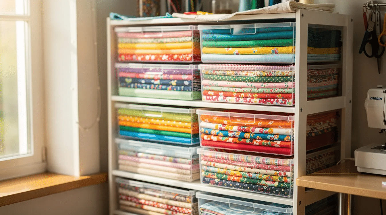 a8b4f7df-b248-421e-9e5a-8a0662c840f5 The image shows colorful folded fabric scraps neatly organized in clear drawers within a sewing room, showcasing a variety of small and larger pieces of leftover fabric perfect for future sewing projects. These vibrant fabric scraps offer great ideas for quick and easy projects, such as fabric flowers or small accessories.