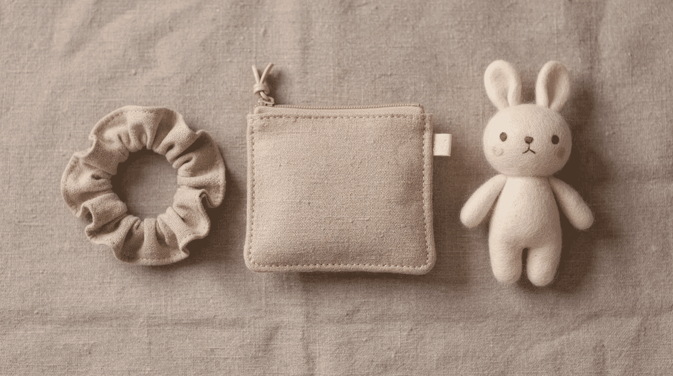 a94a4ead-081c-4081-b2d9-6d41376b1136 A small handmade pouch, a colorful scrunchie, and a cute stuffed felt toy are neatly arranged on a piece of fabric, showcasing easy sewing projects for beginners and kids. These creative ideas are perfect for teaching sewing skills and making fun gifts.