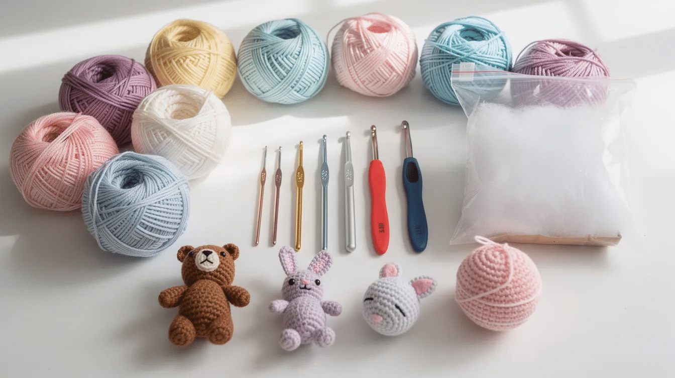 a9634069-dee2-44e5-94f5-432d73501127 The image features a collection of beginner crochet supplies, including colorful yarn balls, crochet hooks, stuffing, and small handmade toys, ideal for those starting to explore easy amigurumi patterns. This setup showcases the essentials for creating adorable stuffed toys, perfect for first-time crocheters.