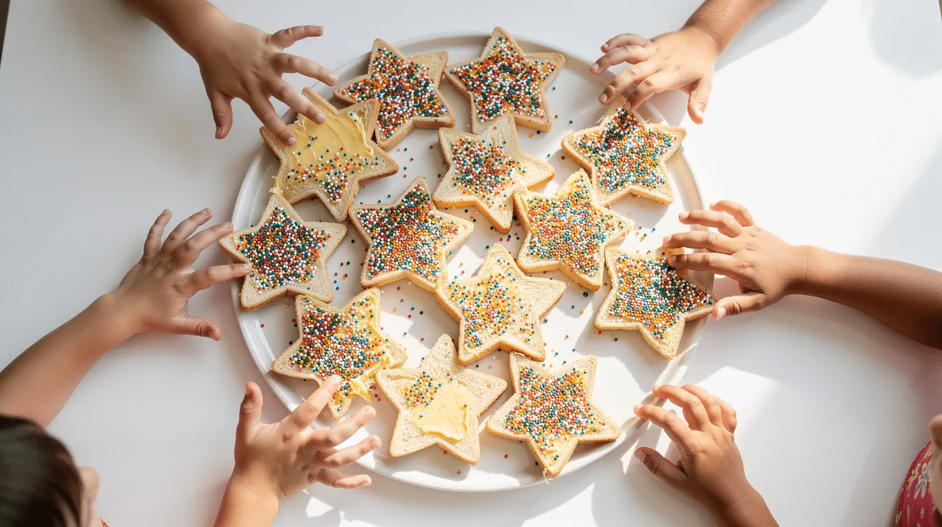 a9d8aec5-3eb2-45c5-bf97-1d3ce89cfd67 A group of excited children are reaching for star-shaped fairy bread, which is arranged on a white platter. The colorful treats, made from buttered white bread and covered in vibrant sprinkles, are a fun snack perfect for a kids party.