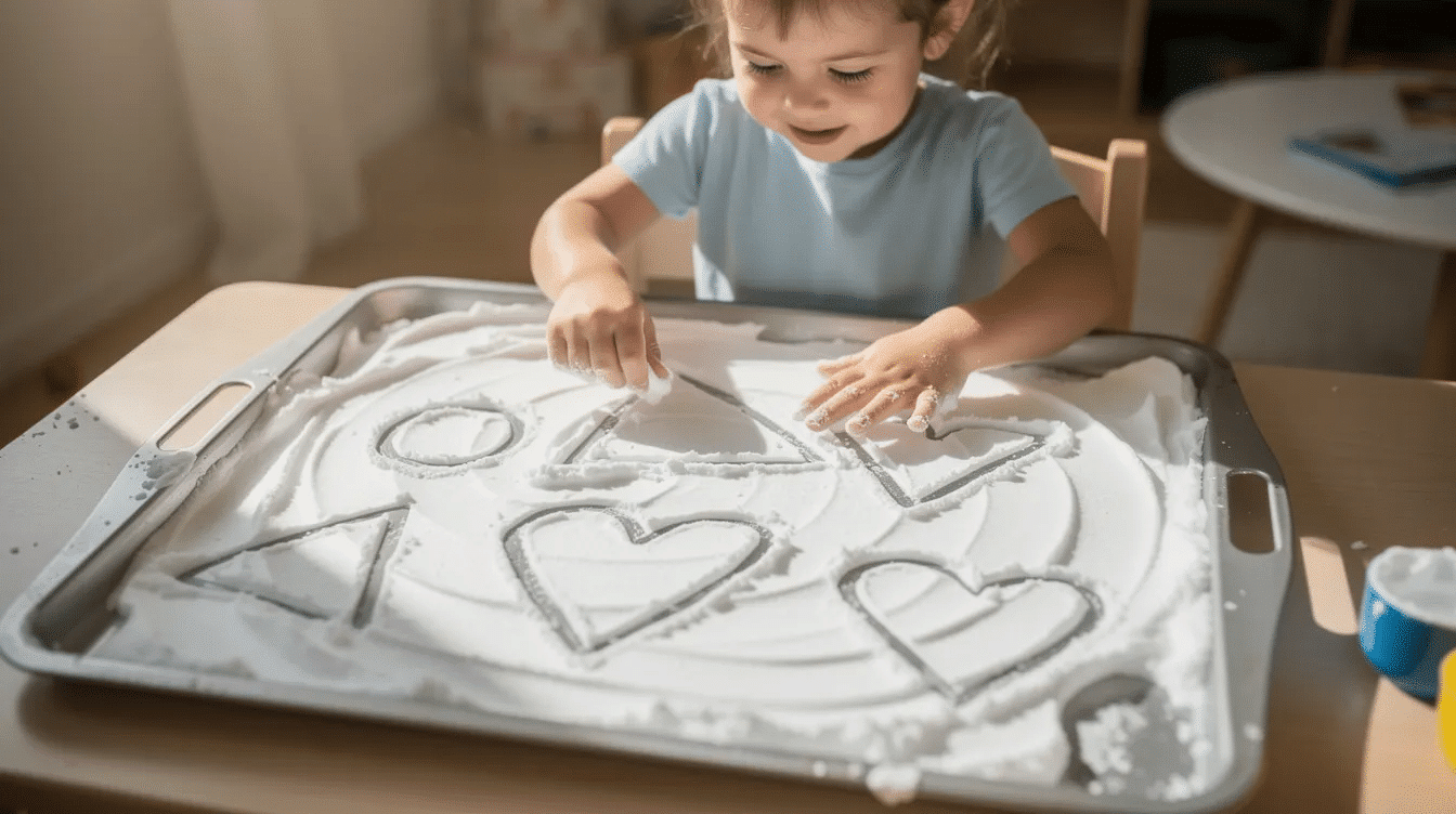 a9f938b0-0a6a-47ea-a521-41aa04ffe3c3 A child is joyfully drawing shapes in shaving cream spread across a tray, engaging in a fun activity that helps develop their fine motor skills and early literacy skills. This playful approach encourages children to practice writing letters and enhances their letter formation as they explore creative ways to learn.