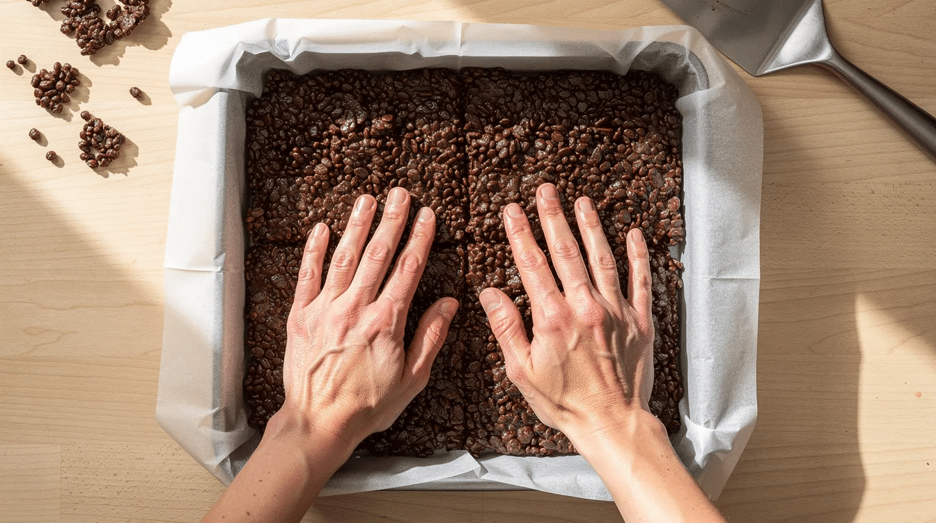 aa5f158f-8f46-4541-8fde-535b22478a11 A pair of hands is pressing a chocolate rice crispy mixture into a lined square pan, ensuring an even layer of the sweet treat made from melted chocolate and rice krispies. The mixture appears glossy and sticky, ready to set into delicious chocolate rice krispie treats.