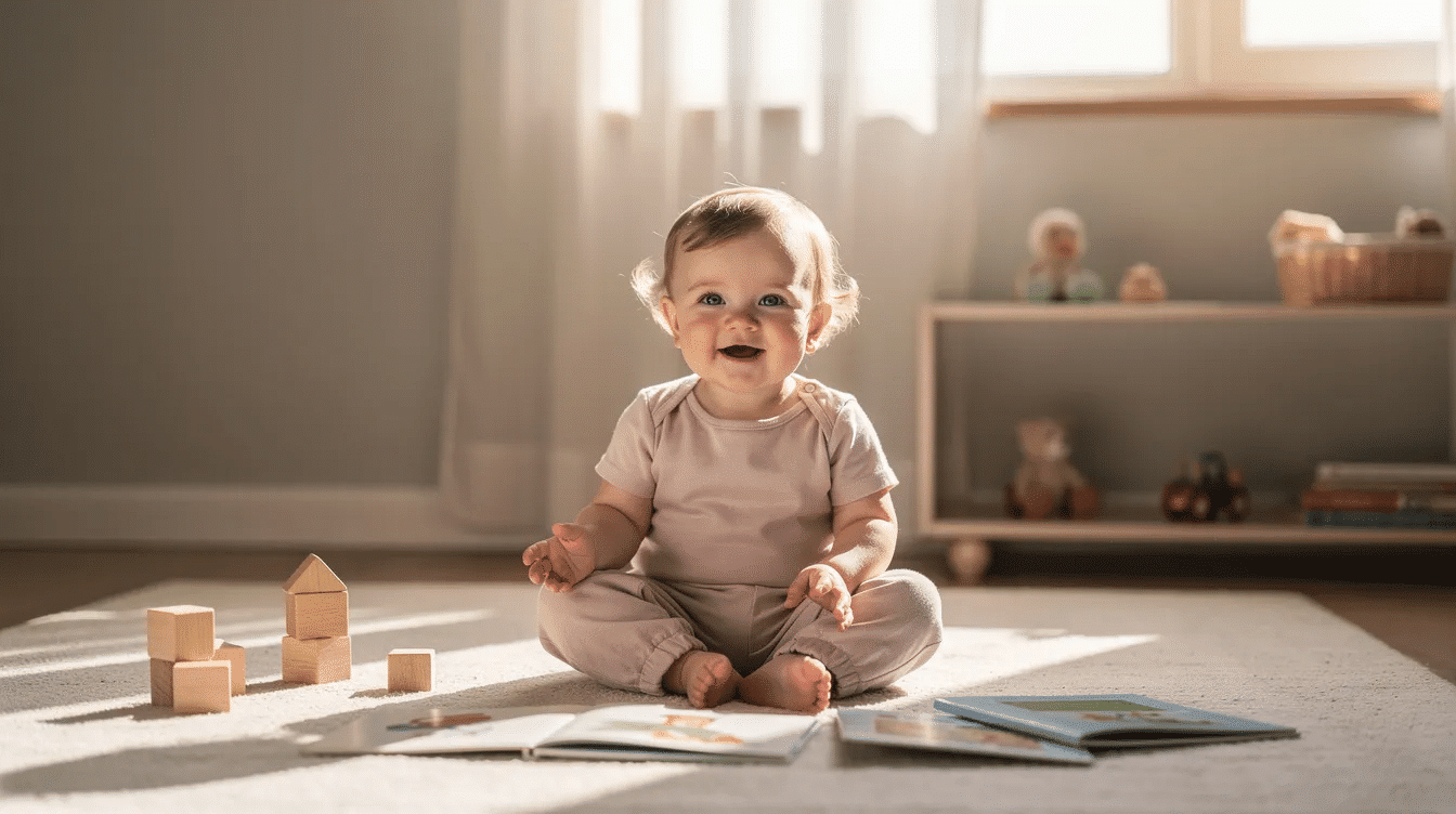 ab7c4b93-3197-47a5-924a-7712ec4dadd0 A toddler sits on a colorful rug surrounded by simple toys and books in a softly lit room, engaging in independent play. This scene showcases a peaceful moment perfect for quiet time activities, allowing the child to explore and develop fine motor skills.