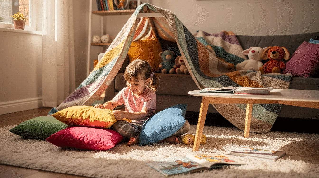 abf1d006-24d0-4a8e-94d6-5c7347afd7eb A preschool child is happily building a blanket fort indoors using colorful pillows and soft toys, engaging in imaginative play. This fun indoor activity keeps the child entertained while developing fine motor skills and creativity.