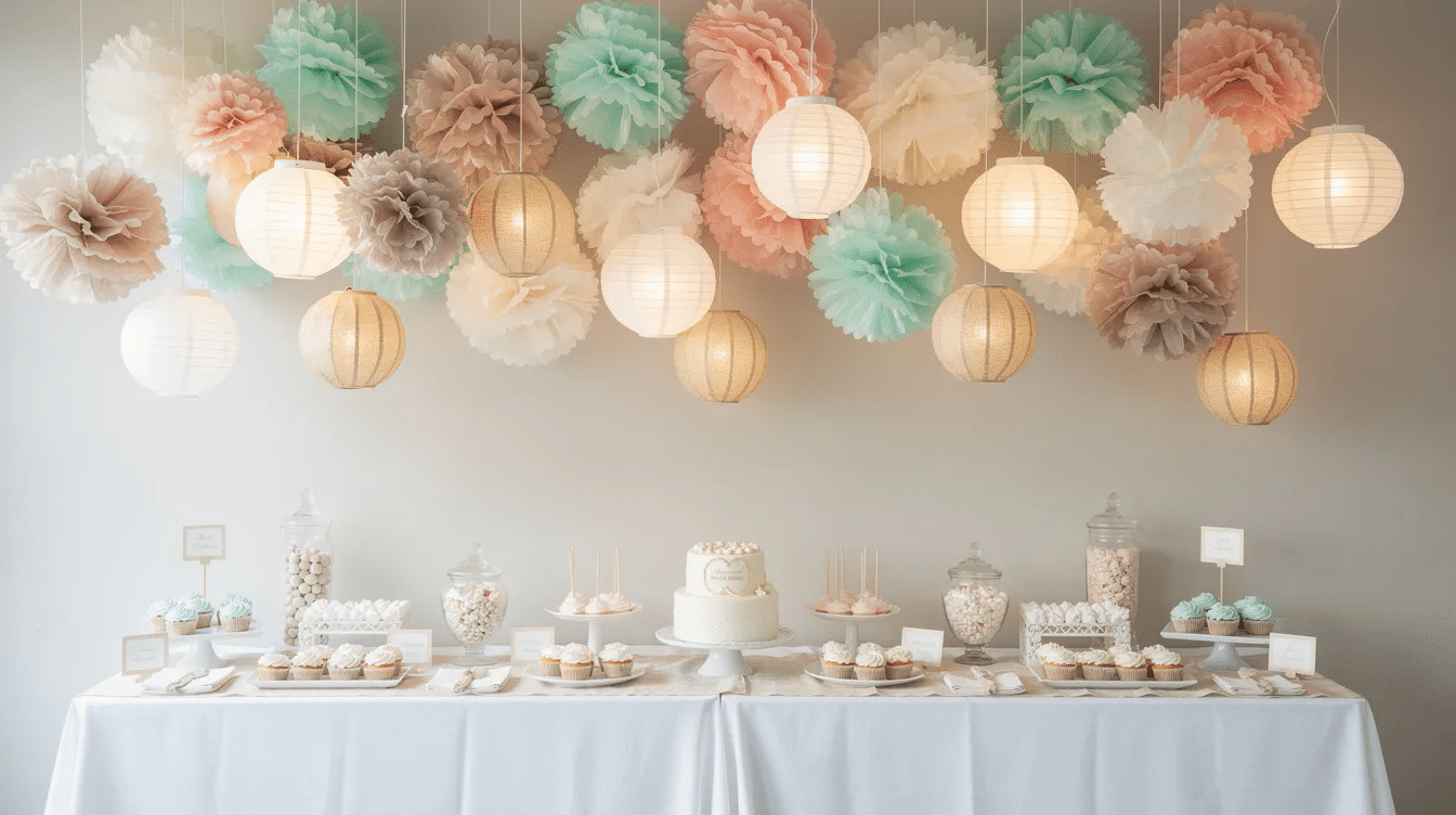adb58c3d-c39a-479d-be56-dba53b265115 The image features colorful tissue paper pom poms and lanterns hanging above a beautifully arranged dessert table, creating a festive atmosphere perfect for celebrations like birthday parties or baby showers. The decor showcases a fun DIY party project, adding a whimsical touch to the sweetest occasion.