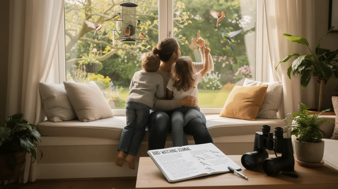 aea53e89-317d-45c0-9a53-fef5f8cfacfc A family is gathered by a window, excitedly watching local wild birds as they visit a new DIY bird feeder made from a plastic bottle, which is placed nearby alongside a notebook filled with observations. The scene captures a cozy moment of connection with nature, highlighting the joy of birdwatching.