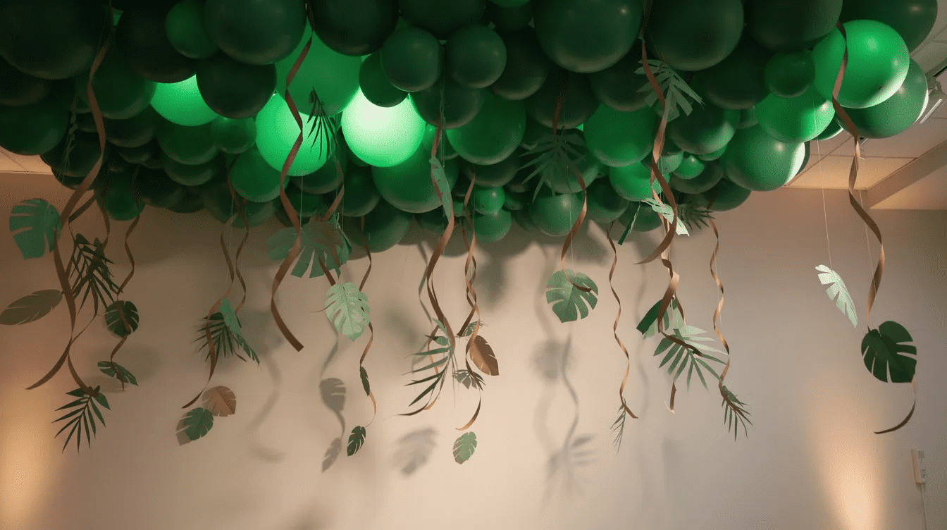 afac7f9f-5ac6-4c15-b889-d52d72a98589 A vibrant green balloon canopy is draped overhead, complemented by brown paper vines and lightweight leaves, creating a festive atmosphere perfect for a jungle-themed birthday party or baby shower. This DIY jungle decoration adds a playful touch to any celebration, inviting guests into a wild and fun environment.
