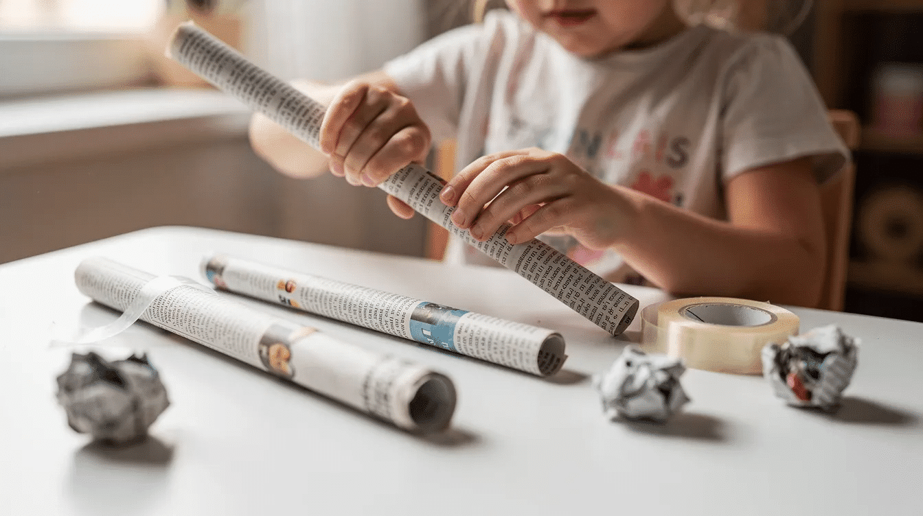 afda5b24-b22f-4ca3-ada5-f27121f4e1a6 A child is joyfully rolling newspaper tubes on a craft table, surrounded by colorful paper balls and supplies like tape and markers, engaging in fun newspaper crafts. This creative activity encourages preschoolers to explore and create with recycled materials.