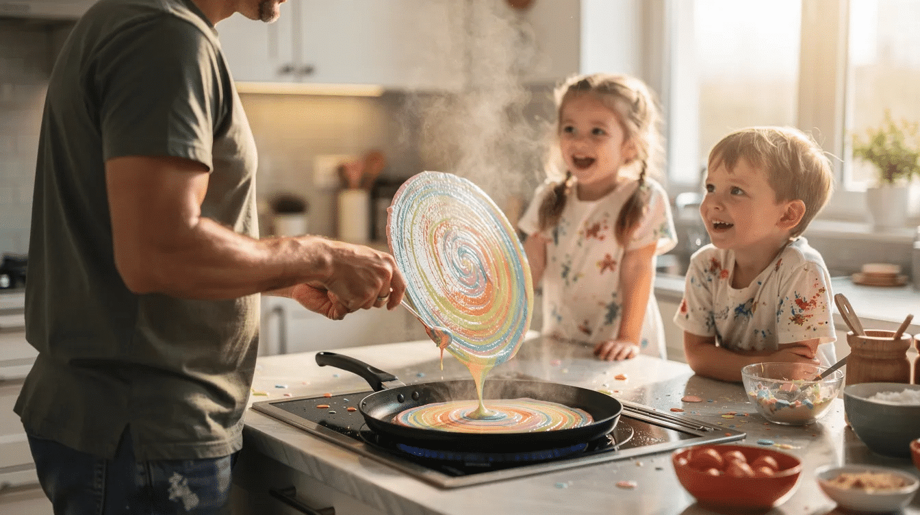 b1d031ac-0546-47fa-a731-d1146cec62b8 An adult is flipping a colorful pancake on a griddle, surrounded by excited children who are watching the pancake art come to life. The scene captures the fun of creating easy pancake art ideas with vibrant colored batter and the joy of cooking together as a family.