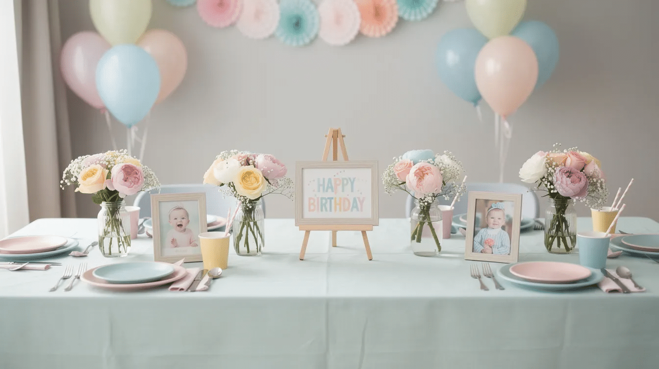 b38b5f4b-74b2-4256-9132-ce8c1604a4af The image features a beautifully decorated table for a kids' birthday party, adorned with personalized photos, vibrant flowers, and cute pastel decorations. This charming setup serves as an inspiring centerpiece idea, creating a joyful atmosphere for the celebration.