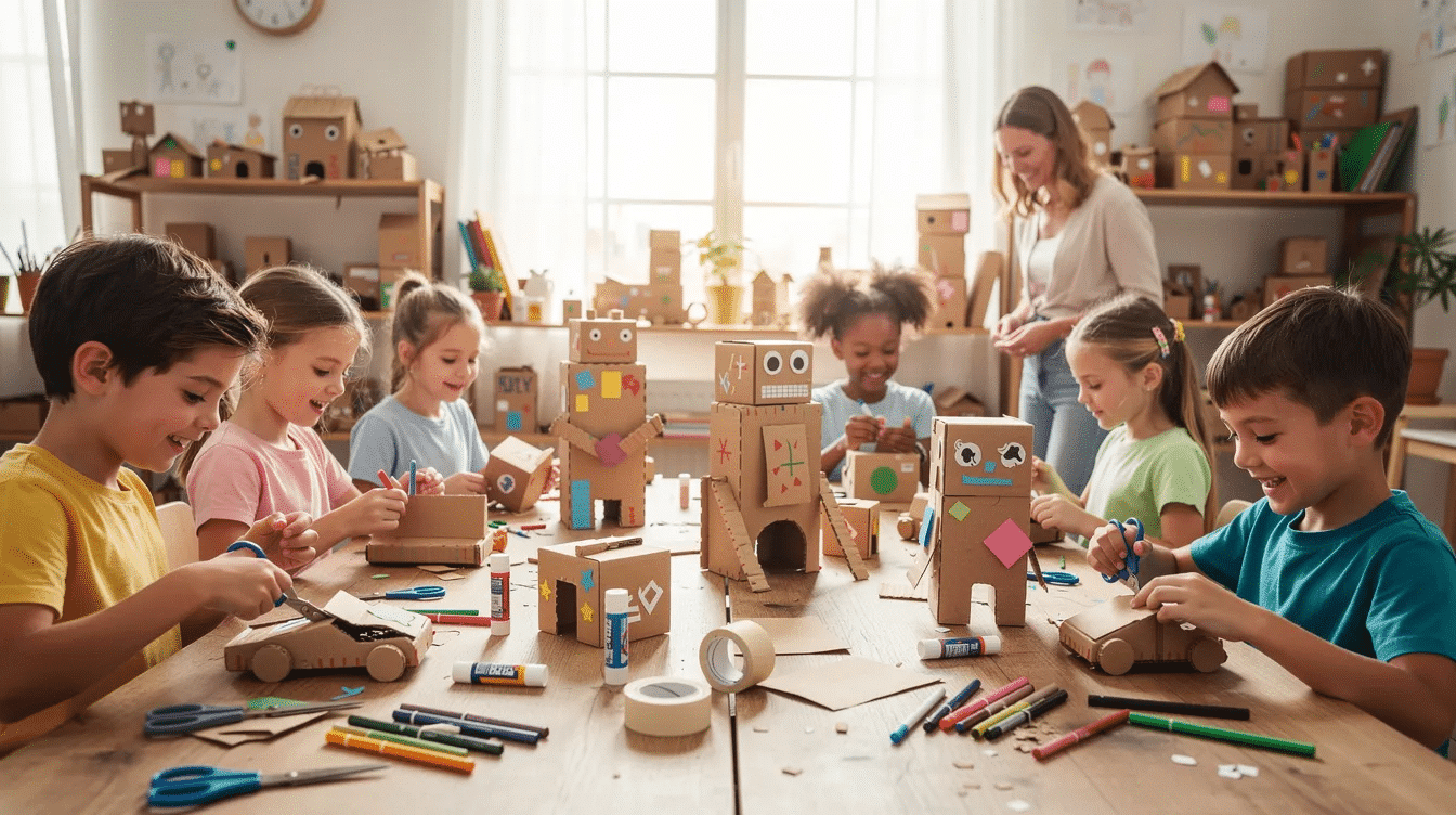 b42f5f61-0b02-4e6b-a401-5ed517cbfc3d A group of children is joyfully crafting at a table, using recycled cardboard from cereal boxes to create fun projects, including colorful fish shapes for a cereal box aquarium. The table is filled with various supplies like glue, scissors, and fabric scraps, showcasing their creativity and teamwork.