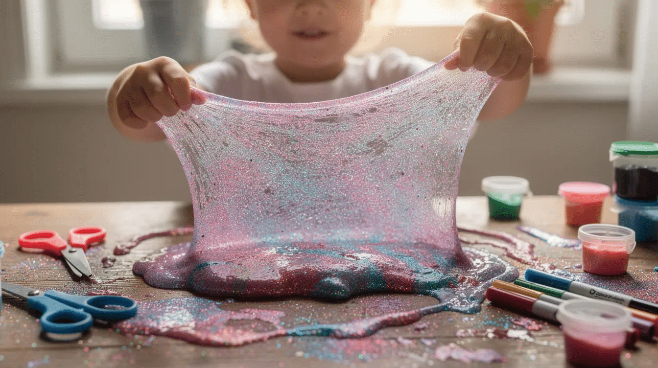b43d897b-0acc-43a7-89af-8850a0ec6060 A child is joyfully stretching colorful glitter slime across a craft table, showcasing the fun and creative ways to engage with DIY fidget toys. The vibrant textures of the slime highlight a playful atmosphere, perfect for keeping hands busy while exploring sensory play.