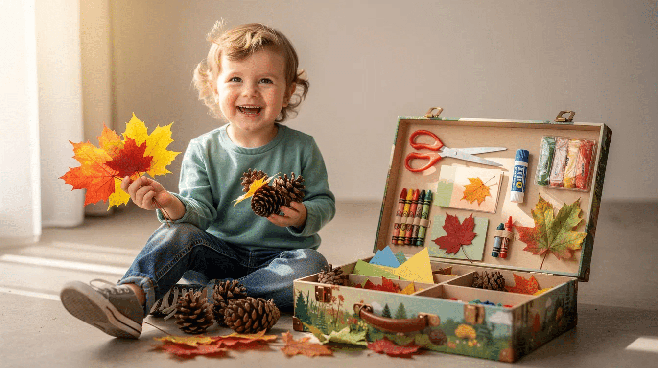 b4d679a2-dfdd-4557-9925-0e2050383827 A little girl is joyfully holding leaves and pinecones while sitting beside an open activity box filled with craft supplies, showcasing a fun kids craft kit idea for creative projects. This scene captures the essence of children learning and exploring nature through crafts, perfect for engaging activities at home.