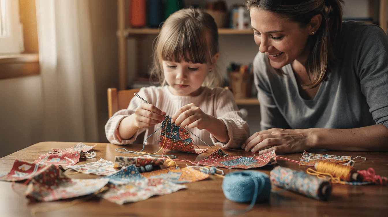 b5b27df3-8ac5-42e7-8d4e-f99fc04f1ac4 A child is happily sewing colorful fabric pieces together at a table, while an adult nearby offers guidance and support. This scene showcases a fun beginner sewing project, perfect for teaching kids basic sewing skills and encouraging creativity.