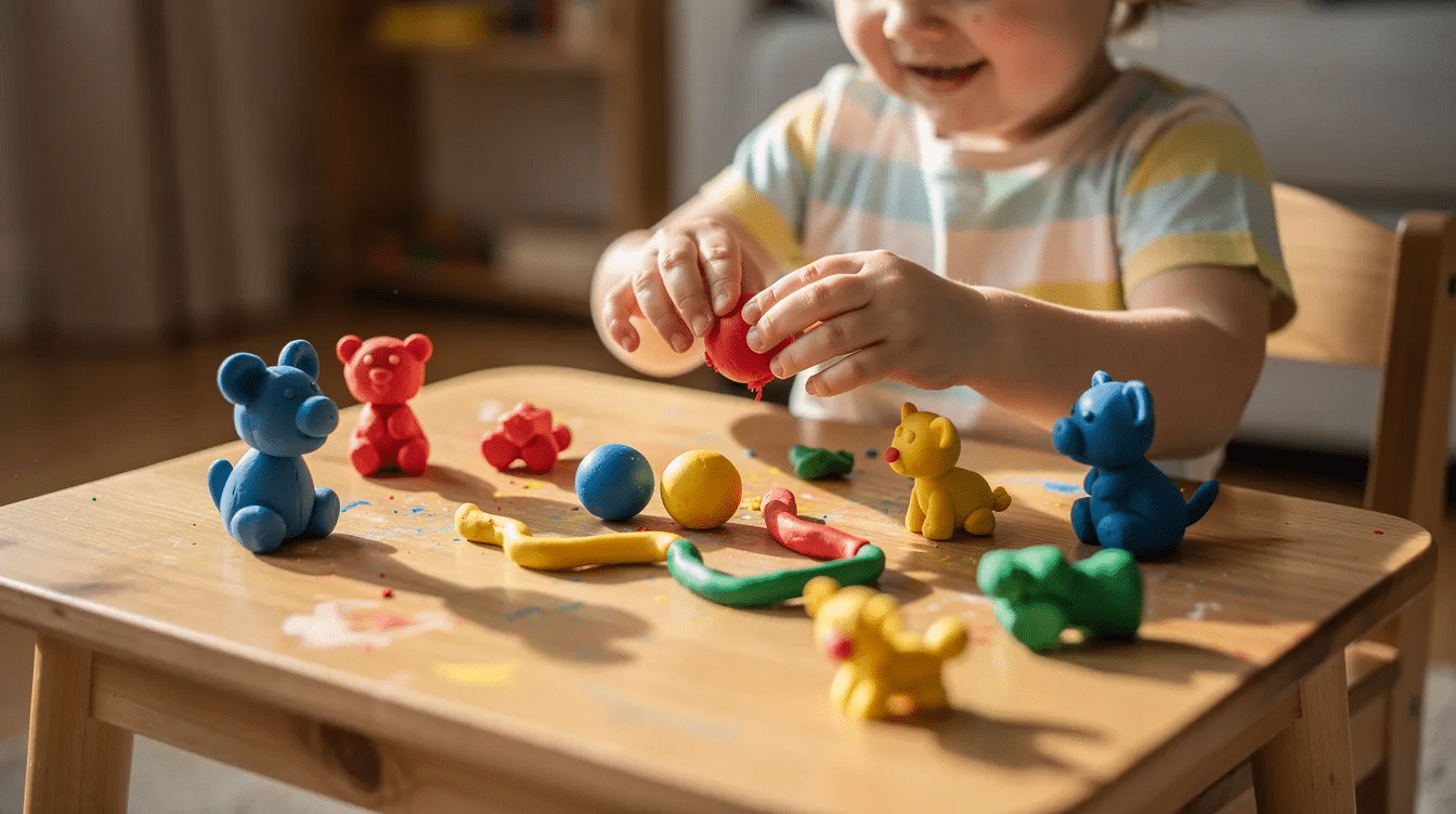 b75fa718-f498-49c4-b4a0-3d8fef29c484 A child is sitting at a small table, shaping colorful clay into simple forms, which helps develop their fine motor skills and encourages creativity. This hands-on activity can also support early literacy by allowing young learners to form letters and engage in letter recognition activities.