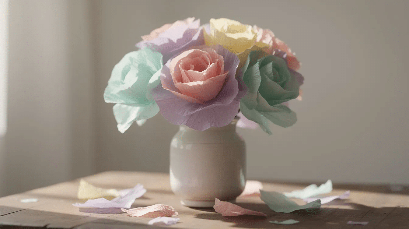 b8aabca4-271b-4c91-80d2-2e4acd46fb60 A small vase sits on a table, filled with colorful handmade tissue paper flowers, showcasing various petal shapes and layers. These beautiful tissue paper flowers, crafted from vibrant tissue paper sheets, create a cheerful decoration perfect for any special occasion or as a fun project for kids.