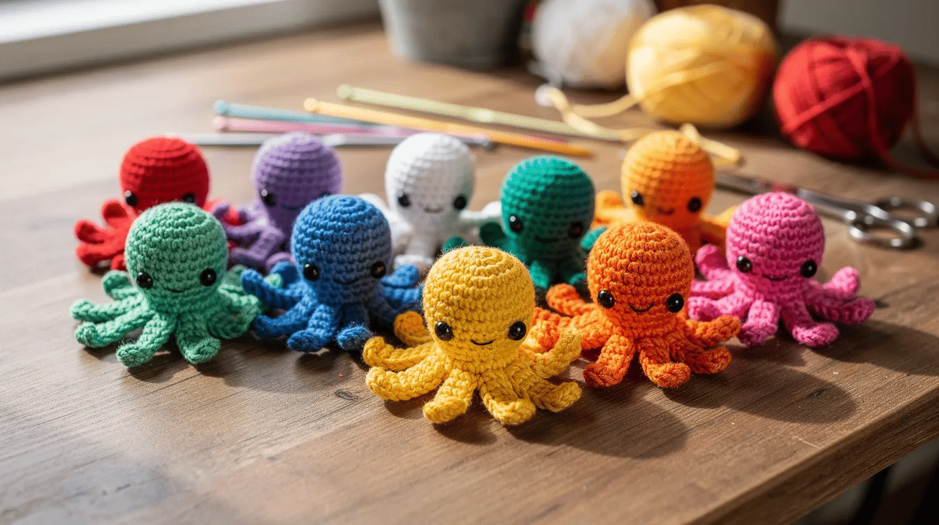 b9049e12-7afd-482a-b38e-3610f80bdccb A collection of small, colorful crocheted octopus toys is neatly arranged on a craft table, showcasing various amigurumi patterns made with worsted weight yarn. Each octopus features tight stitches and cute, simple shapes, making them perfect for beginner crocheters looking for fun stuffed toys.