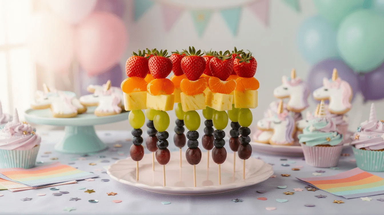 ba1cedf4-d5e9-4ef4-a9fe-dcad68020bf8 A beautifully decorated table showcases vibrant rainbow fruit skewers alongside pastel unicorn treats, perfect for a unicorn themed party. The delightful spread includes colorful cupcakes and pink lemonade, creating a magical atmosphere for a unicorn birthday celebration.