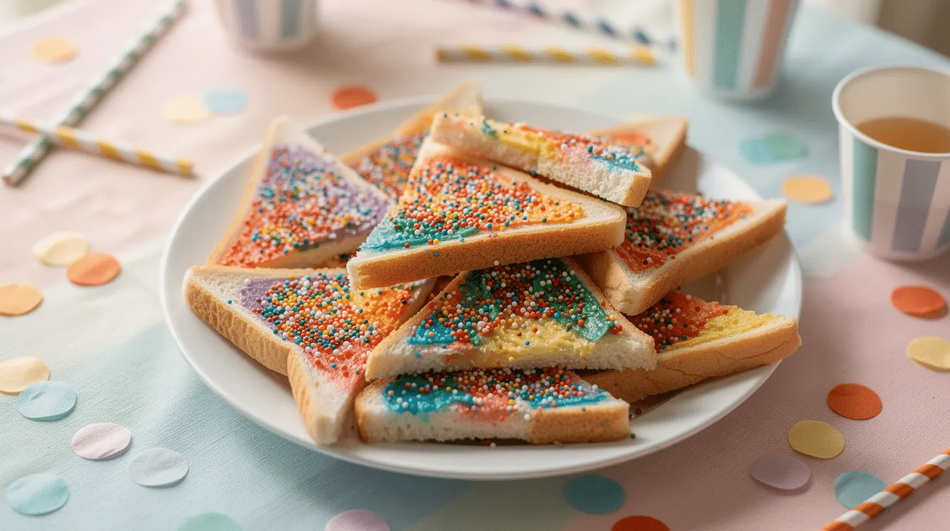 bacc9f5b-c1ef-4d73-8508-baaf664b26cf A colorful plate of fairy bread triangles, made from soft white bread spread with butter and coated in a variety of vibrant sprinkles, sits on a kids party table, ready to be enjoyed as a delightful treat. The little triangles are perfect for celebrating fun occasions, embodying the joy of eating fairy bread at children's parties in Australia.