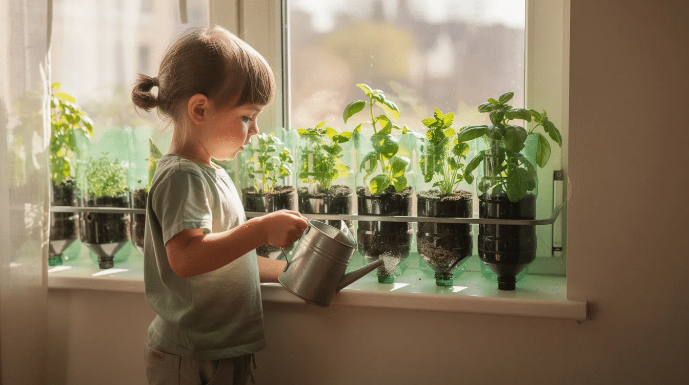 baf09d5c-8fe5-4a30-86b4-15c0c13048c7 A child is happily watering small herbs that are growing in upcycled plastic bottle planters placed near a sunny window, showcasing a fun and creative way to use empty bottles for gardening. This activity not only helps develop fine motor skills but also encourages kids to explore recycling and upcycling ideas in their early years.
