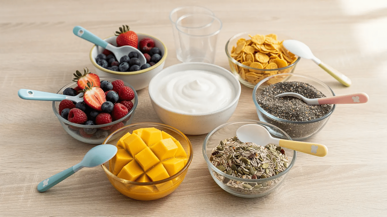 bb8afb23-5f94-4e13-8ebf-f9cdf9fbdfe6 The image features small bowls filled with fresh berries, mango, crunchy cereal, chia seeds, and creamy Greek yogurt, all set up for kids to create their own delicious yogurt parfaits. This colorful display promotes a fun and healthy breakfast or snack option, perfect for little hands to mix and match their favorite ingredients.