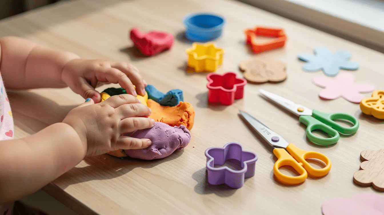 bc338e11-7572-4eab-9e47-103d5092957a A toddler's small hands are joyfully playing with colorful clay and various craft materials on a table, enhancing their fine motor skills and creativity. This playful activity encourages early literacy skills as children learn to form letters and practice writing their names in fun ways.
