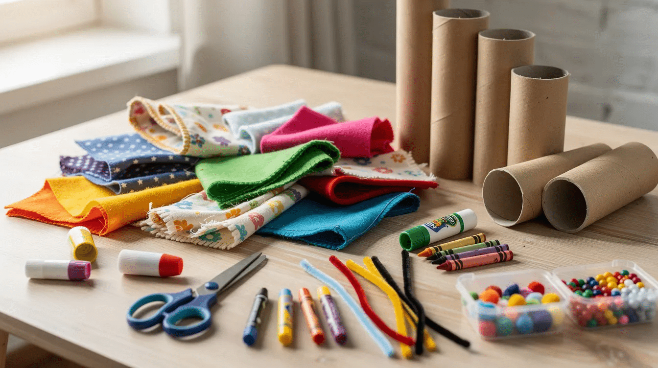 bd29310a-ef37-46ac-9229-46743627fba5 A colorful assortment of soft fabric scraps, cardboard tubes, and safe craft supplies is spread out on a table, inviting children and parents to create DIY toys from recycled materials. This setup encourages imagination and exploration through fun kids' activities, featuring items like toilet paper rolls and bottle caps ready to be transformed into playful creations.