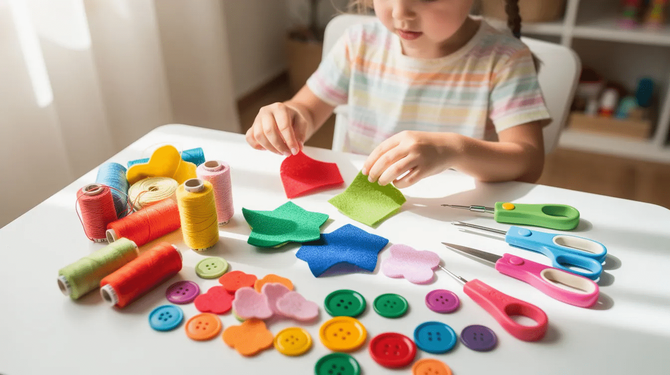 be07993f-802c-4b3c-9bb6-79bf10991b19 A child is joyfully arranging colorful felt, buttons, and safe sewing tools on a bright table, preparing for fun sewing projects. The vibrant materials set the stage for imaginative play and hand sewing crafts, perfect for teaching kids essential sewing skills.