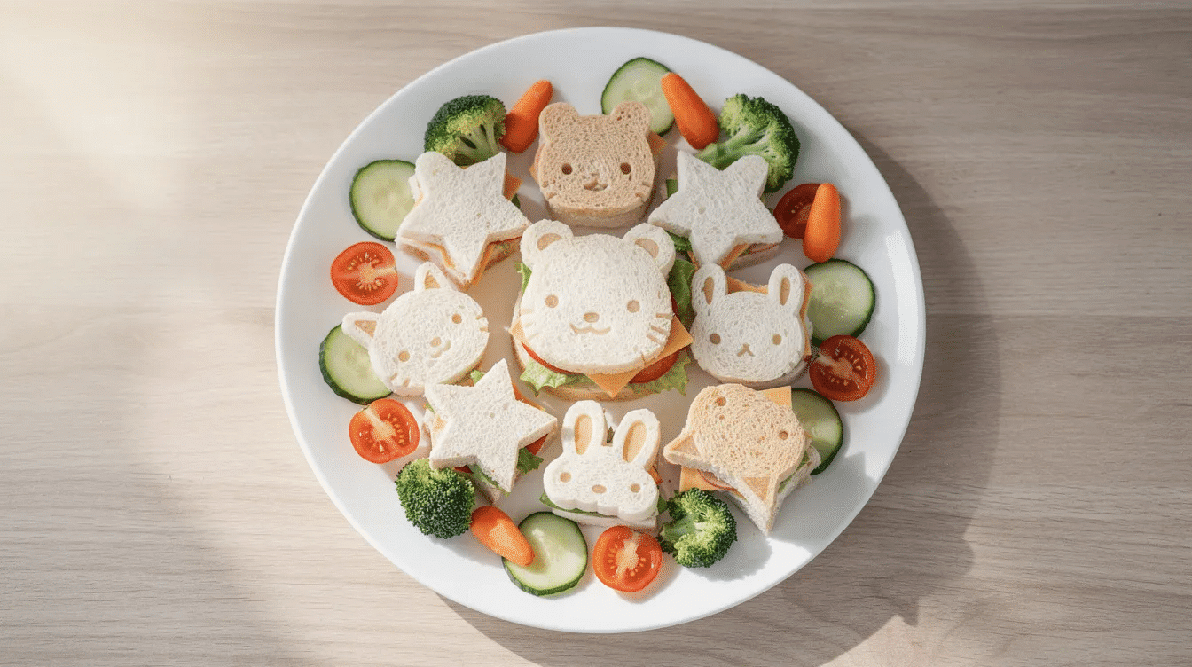 bf6a197d-9250-46c6-896c-003fa6ada60a A colorful plate displays small star and animal-shaped sandwiches made with whole grain bread, filled with various spreads like cream cheese and almond butter, and garnished with fresh vegetables such as tomato slices, cucumber, and grated carrots. These fun and healthy sandwiches are perfect for picky eaters and make delightful lunch box options for kids.