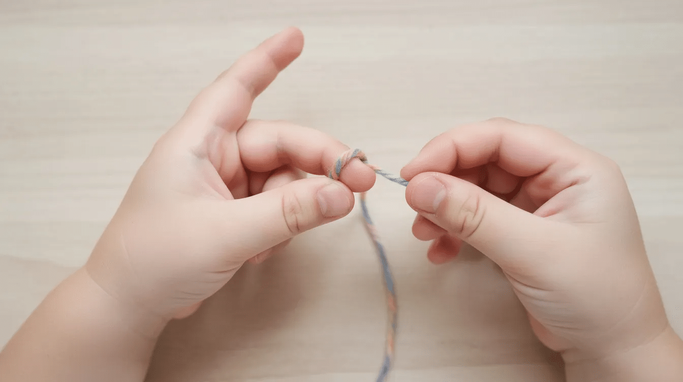 bfb39f9d-48ec-403d-95a1-1dc09b65276b The image shows a child's hands demonstrating the process of finger knitting, as they create a simple yarn loop using their middle finger and index finger. The child is engaged in this easy craft, making one loop and preparing to form a second loop, showcasing a fun and creative activity for kids.