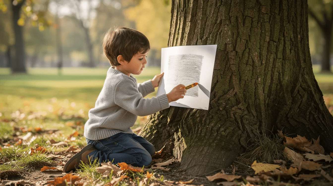 c2d3d351-9be8-481e-b10b-4de0c9957540 A child is engaged in a bark rubbing activity, using a crayon to create an imprint of the tree trunk's texture on a piece of white paper. This fun nature art project encourages kids to explore the details of trees while creating unique patterns and shapes.