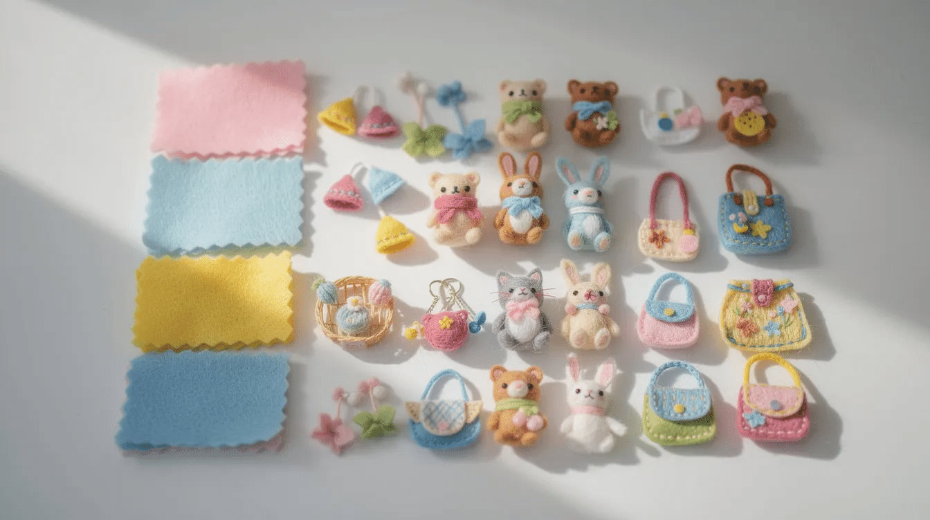 c5119b2d-4408-4a33-aa71-3c719383096b The image features a collection of small, colorful felt scraps arranged beside adorable finished felt animals, including a bunny and a bear, along with tiny accessories. This delightful crafting scene showcases the joy of creating with felt, perfect for kids who love DIY projects and using a glue gun to bring their own designs to life.