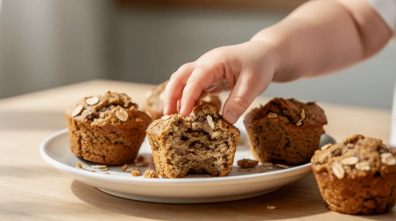c595d29e-2f47-400f-b832-8d423f1b8f23 A toddler's hand is reaching for a soft mini banana oat muffin on a plate, showcasing the delicious homemade muffins made with ripe bananas and rolled oats. The plate is filled with several mini muffins, some topped with a few mini chocolate chips, making them an appealing and healthy snack for little ones.
