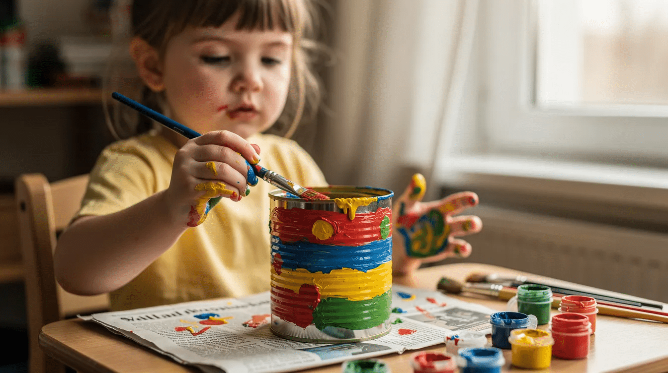 c6cc834b-cf97-4650-8e29-ac89c544e074 A child is joyfully painting a recycled tin can with bright colors, preparing it to be transformed into a charming tin can lantern. The vibrant design showcases their creativity, as they work on this fun craft project that will later hold a little tea light inside.