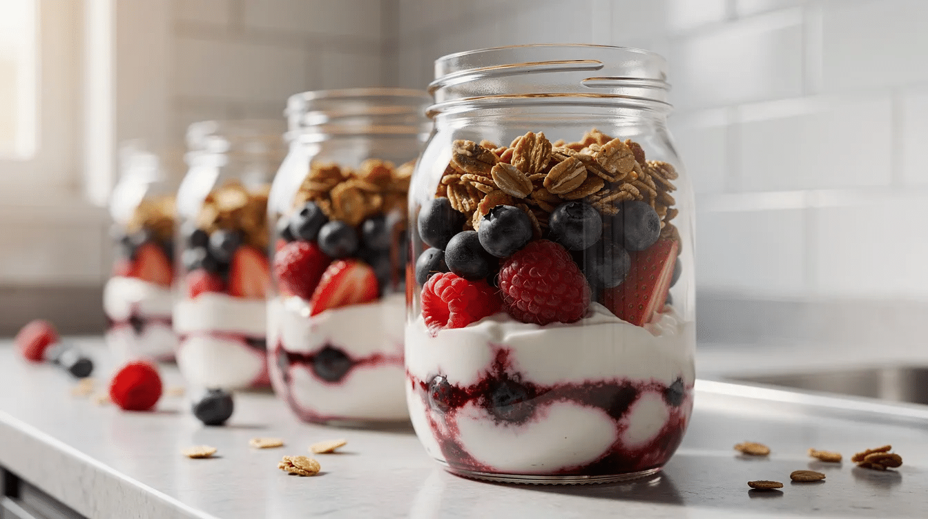 c836603d-e09c-4695-be47-54090b13d734 The image shows clear jars filled with colorful layers of yogurt, fresh berries, and crunchy granola, arranged neatly on a kitchen counter, creating a visually appealing display of healthy yogurt parfaits perfect for kids. Each jar features a delicious combination of Greek yogurt, fresh strawberries, blueberries, and a sprinkle of granola, making them a nutritious and tasty breakfast or snack option.