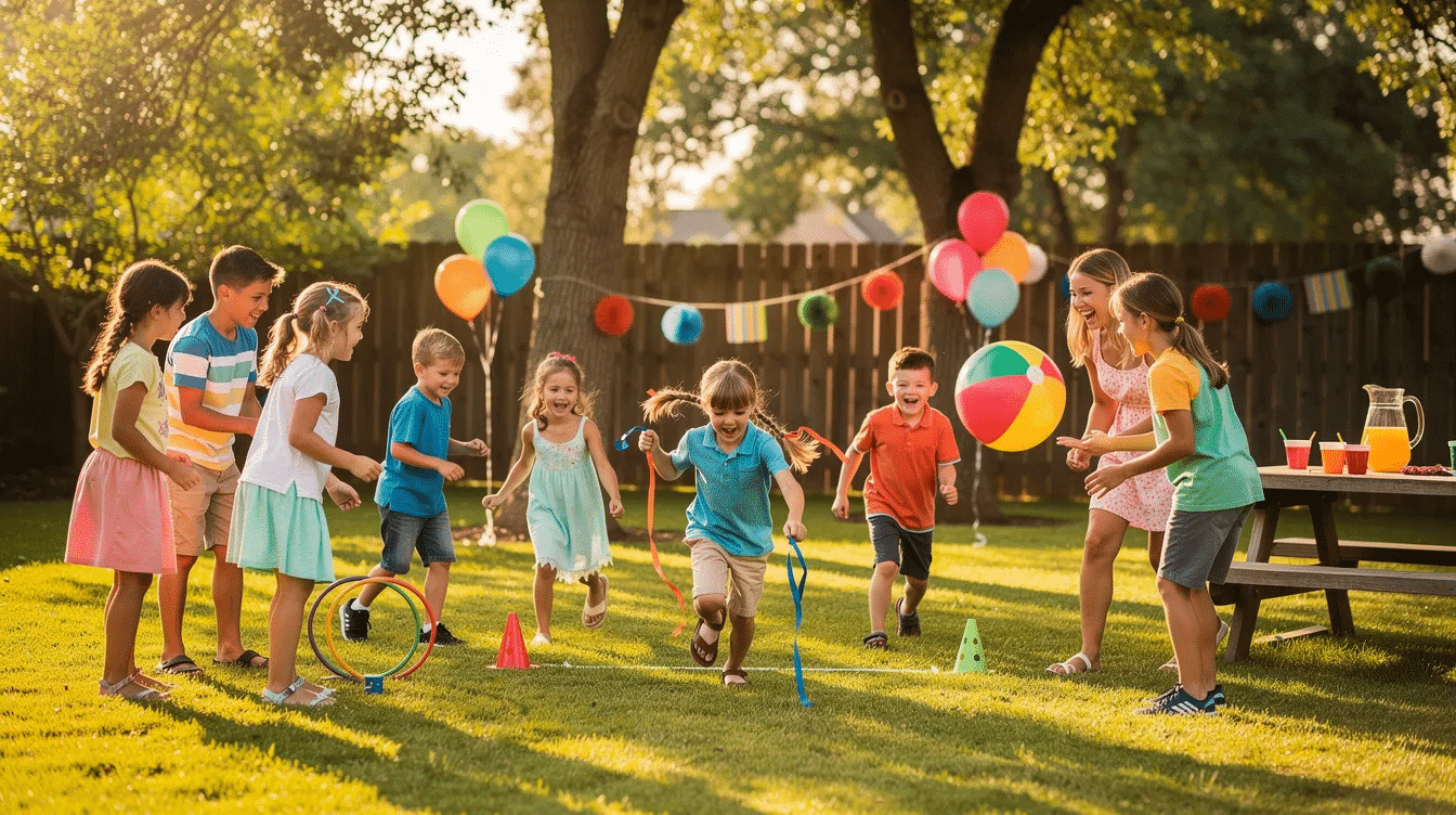 c8c6a650-73c1-4701-9431-bad71ad5ed98 A lively scene of children playing outdoor party games in a sunny backyard, surrounded by colorful streamers and laughter, capturing the essence of a memorable kids birthday party. The kids are engaged in fun activities like freeze tag and musical chairs, creating joyful memories with their close friends and family.