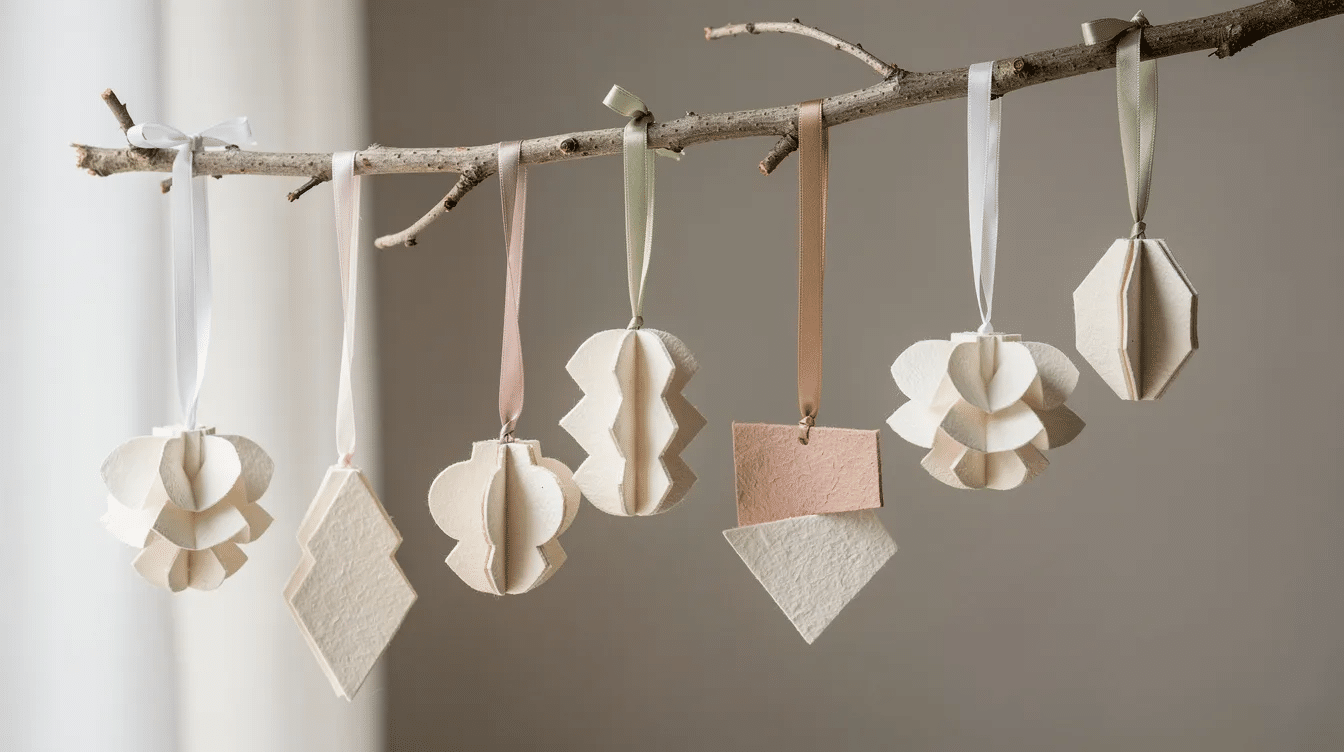 c95e8aa3-d94c-4479-b51c-778a7cec5a41 Colorful handmade paper ornaments, crafted from old greeting cards, dangle from a branch adorned with ribbon, creating a charming and eco-friendly decoration perfect for the holidays. These super cute ornaments showcase various shapes and patterns, making them a delightful addition to any festive setting.
