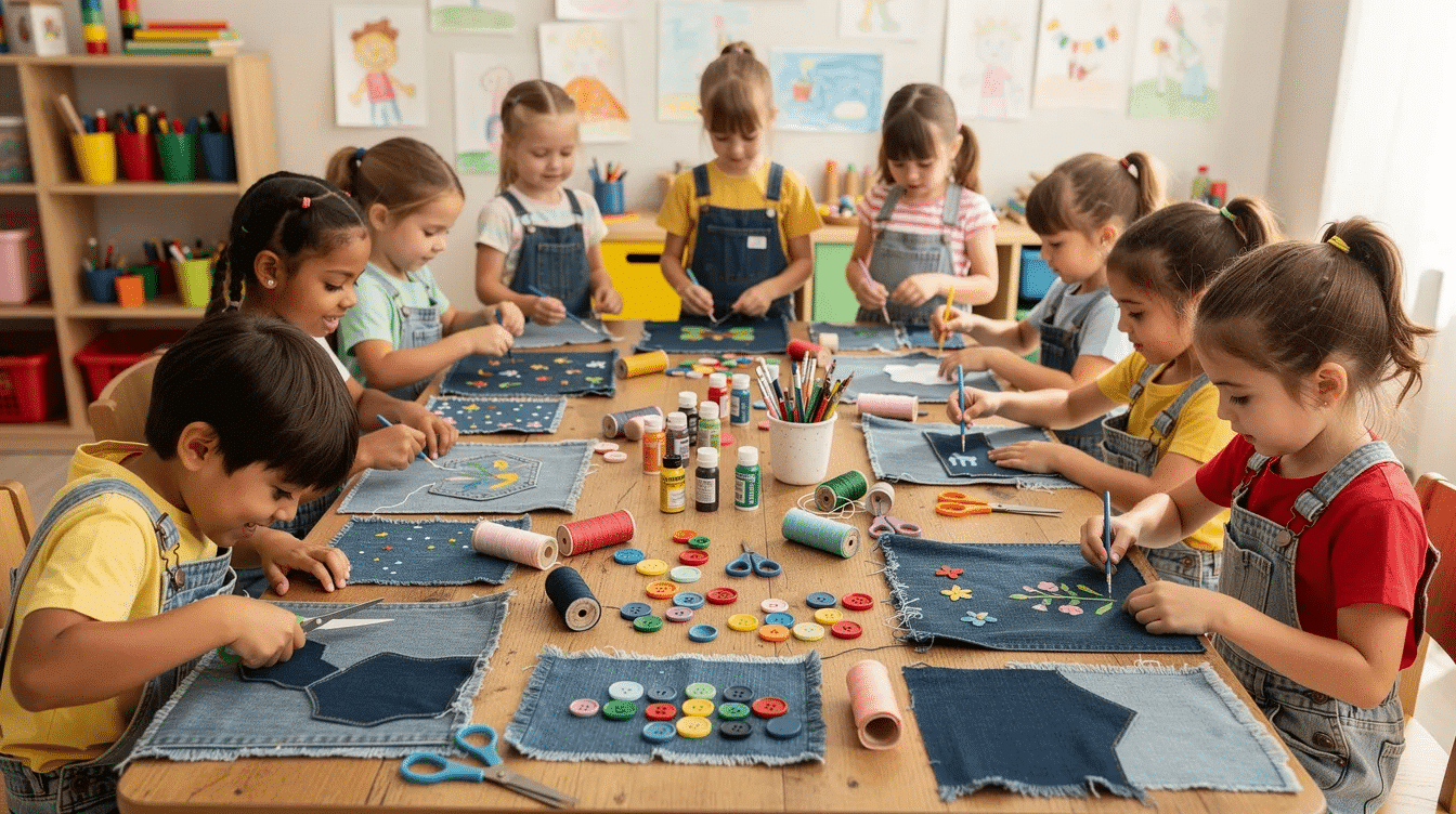 c9aa1081-fab8-4d7d-b6be-92120062c95c A group of children are joyfully crafting with denim fabric pieces, scissors, buttons, and fabric paint spread across a table, creating fun upcycled denim projects like bags and accessories from old jeans. The scene showcases their creativity as they transform denim scraps into unique items, highlighting the joy of upcycling and crafting with friends.