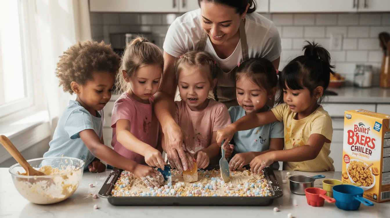 cb8e69ee-1b7a-4e9d-8d6d-c4f1b902b455 In the image, children are happily pressing a sticky mixture of rice krispies cereal and mini marshmallows into a parchment-lined baking pan, while an adult supervises the fun activity. This scene captures the joy of making homemade rice krispie treats together, emphasizing teamwork and creativity in the kitchen.