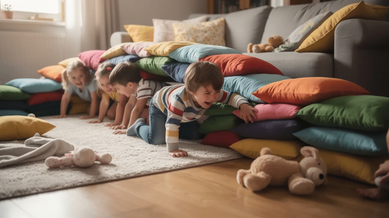 cbc4bb9e-66a6-42ec-98b7-a0c42a14c282 A group of younger kids is joyfully crawling through a colorful pillow obstacle course set up indoors, surrounded by soft cushions and bean bags. This imaginative play activity keeps the kids entertained and encourages family bonding as they navigate the fun challenges together.