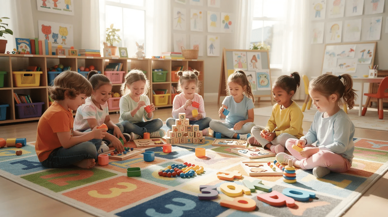 cc41e726-e3cd-4d94-bec5-71d65809d77e A group of preschool children is joyfully engaged in hands-on activities on a colorful classroom rug, using various educational materials to enhance their letter recognition skills. They are exploring uppercase and lowercase letters through play, fostering fine motor skills and early literacy in a fun and interactive environment.
