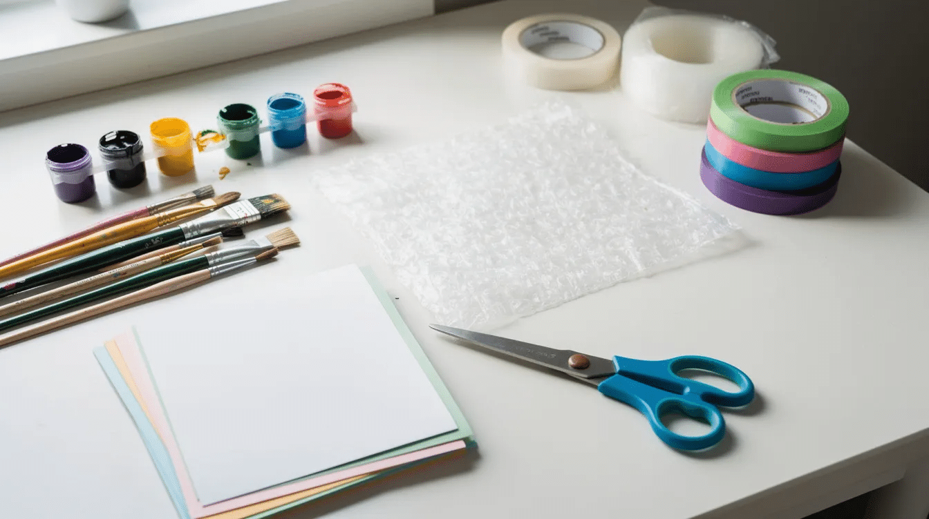 cc42a0c3-a212-4945-bb4f-6f5d16ad10b8 A craft table is filled with materials for an art activity, including washable paints, bubble wrap, brushes, tape, scissors, and cardstock, inviting kids to experiment with bubble wrap painting and create colorful prints. The arrangement of these supplies showcases a fun and messy project, perfect for older kids to explore their creativity.