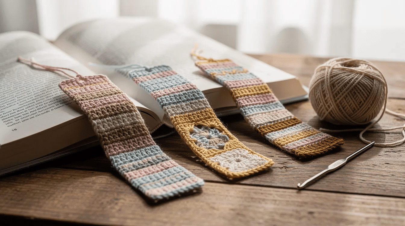cc575097-22de-4e74-a121-d40502fc0ad5 The image features a collection of flat crochet bookmarks made with vibrant yarn, placed beside an open book, showcasing their handmade charm. These crochet bookmarks are designed using basic stitches, making them an easy crochet pattern perfect for book lovers and a great scrap busting project.