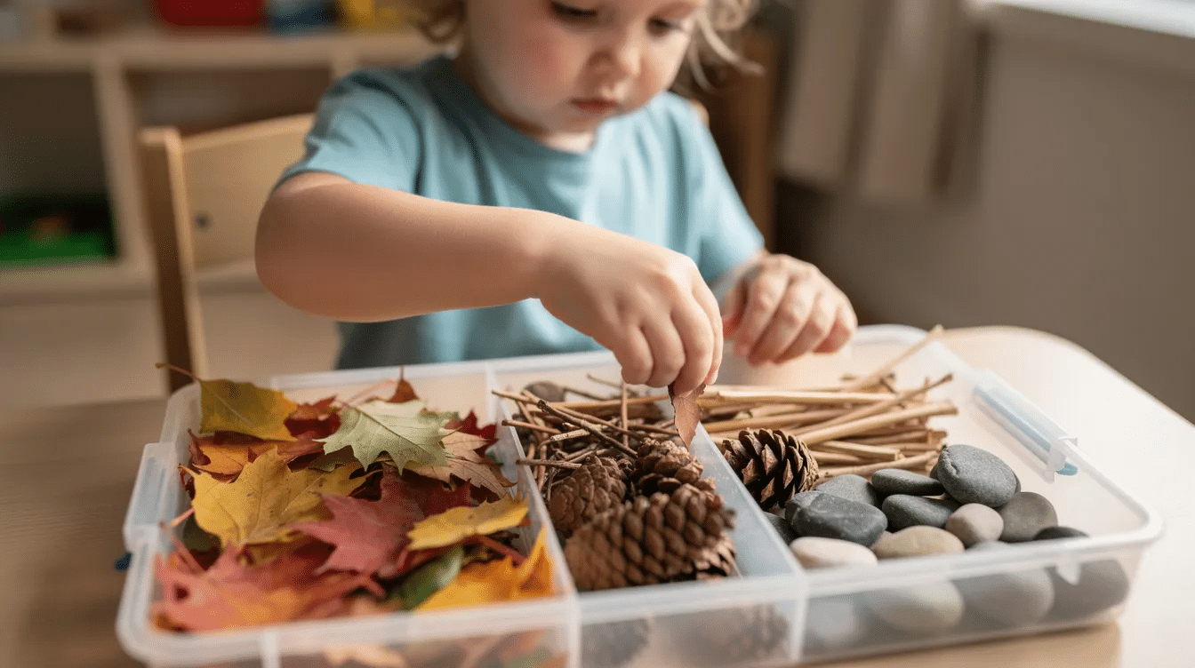 cef94dd0-4aa2-4ddc-9ad7-aa96fb13afc7 A young child is happily sorting various natural items like leaves, pinecones, sticks, and smooth stones in a sensory bin, engaging in sensory play that promotes fine motor skills and exploration of different textures. This activity provides a fun and creative sensory experience for toddlers, encouraging curiosity and open-ended play.