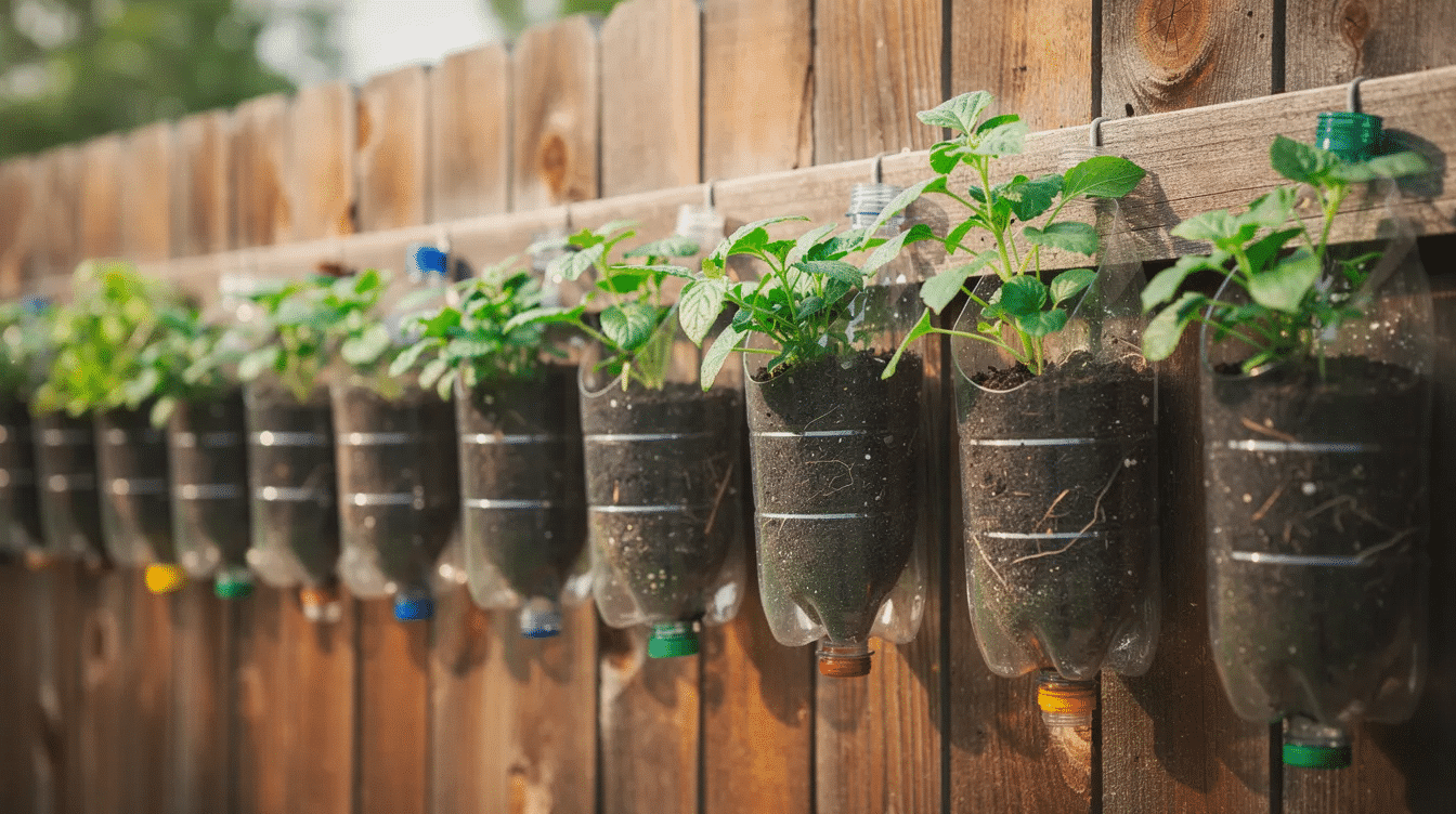 cf62b16c-3a22-4eb9-9f3b-02454bf79c26 The image features colorful plastic bottle planters hanging on a wooden fence, each filled with small green plants, showcasing a creative way to upcycle plastic bottles into garden decor. This fun DIY project is perfect for kids and encourages creativity while promoting recycling and the use of empty bottles.
