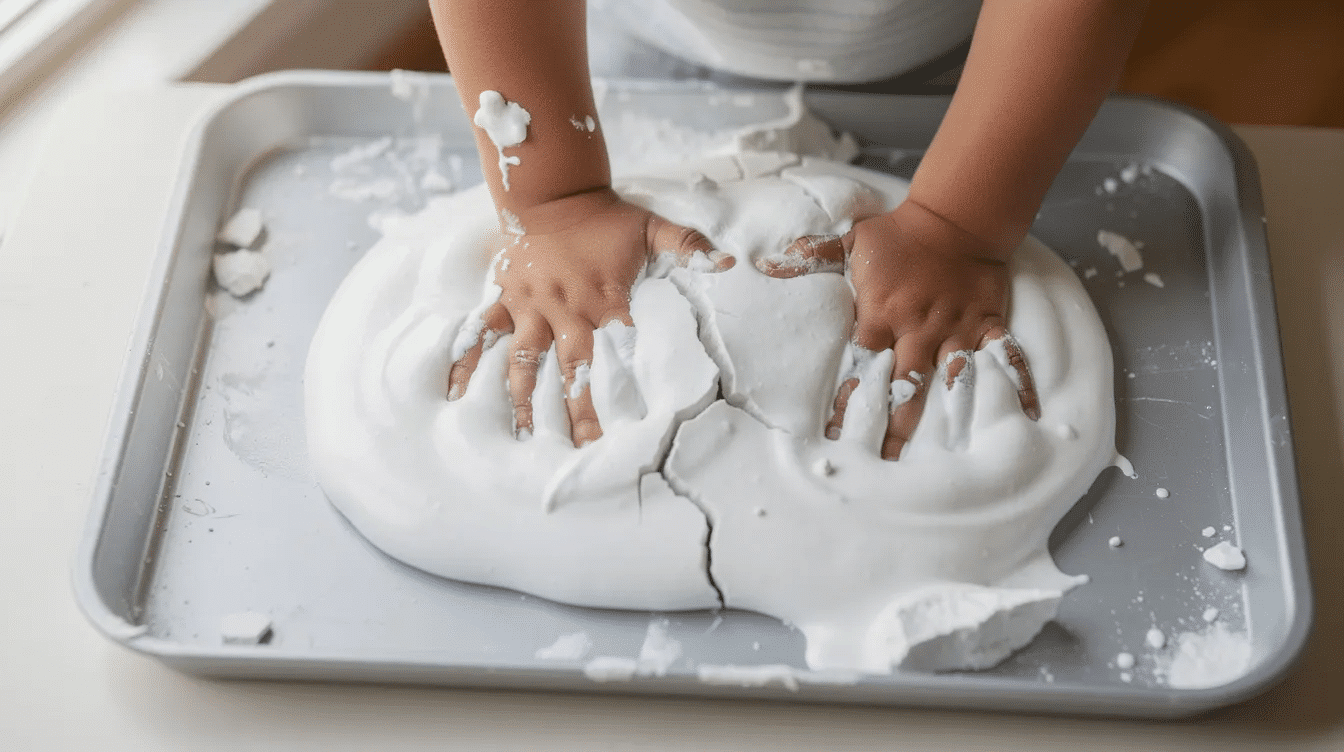 d1c73fed-2e10-4c91-8b0a-48a3f1bec871 A child is joyfully pressing their hands into a tray filled with a white oobleck mixture, a fun science experiment that combines corn starch and water, creating a unique tactile experience. The scene captures the essence of hands-on activities that introduce children to simple science concepts through exploration and observation.