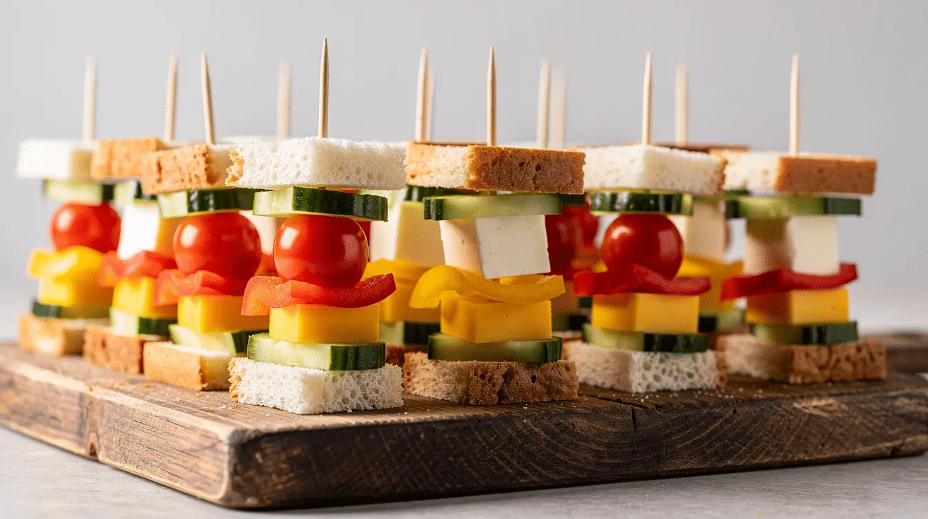 d3c26d20-3002-4324-b899-054a65aeb30d The image features bite-sized sandwich skewers made with cubes of whole grain bread, cheese, and colorful vegetables like bell peppers and cucumber, perfect for kids and picky eaters. These easy sandwich ideas are not only delicious but also provide extra nutrients, making them a great option for school lunches or family gatherings.