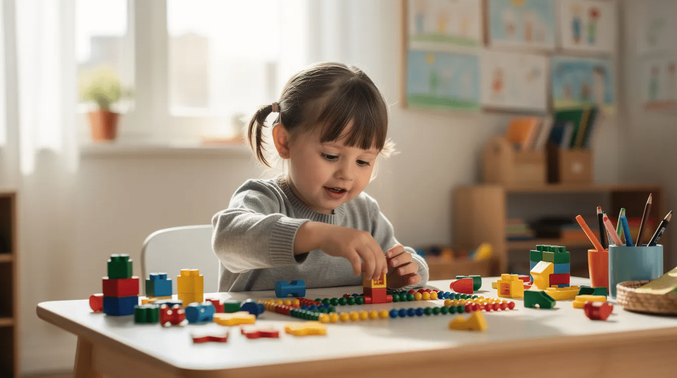 d3e0cd80-3149-4390-a1e3-a55f4e8d6acd A preschool child is sitting at a table, happily playing with a variety of colorful small objects, such as pom poms and blocks, which are used for hands-on learning activities that promote fine motor skills and counting. The child is engaged in sorting and counting these objects, encouraging number recognition and creative play in a fun way.