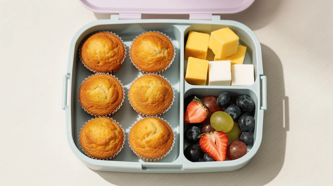 d6b23a6b-d3be-4e87-98ca-85866136531d A colorful toddler lunchbox contains mini muffins made from banana oat and rolled oats, alongside fresh fruit and cheese. The muffins are likely sweet and healthy, featuring a few chocolate chips for added flavor.