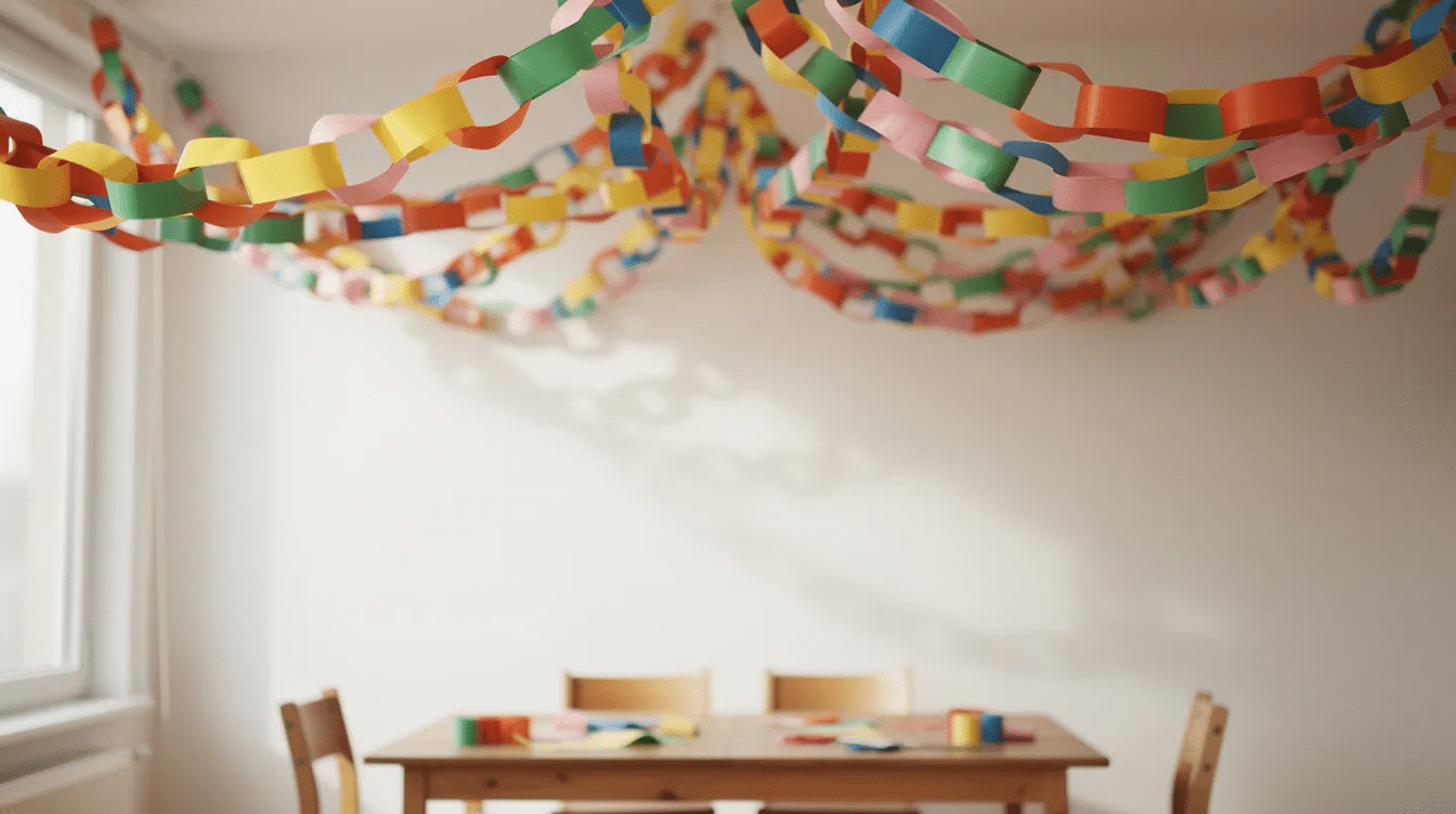 d6fec9da-fc7c-4b72-87e4-14923f72ae2a The image depicts a plain room brightened up with colorful paper chain garlands hanging across the ceiling, creating a festive atmosphere perfect for a birthday party or holiday celebration. The vibrant colors of the paper strips add a fun and cheerful touch to the otherwise simple decor.